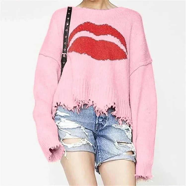 Women’s Sweater – Chunky Knit Wool – Oversized Fit – Cropped Length – Lip Motif – Fringed Hem