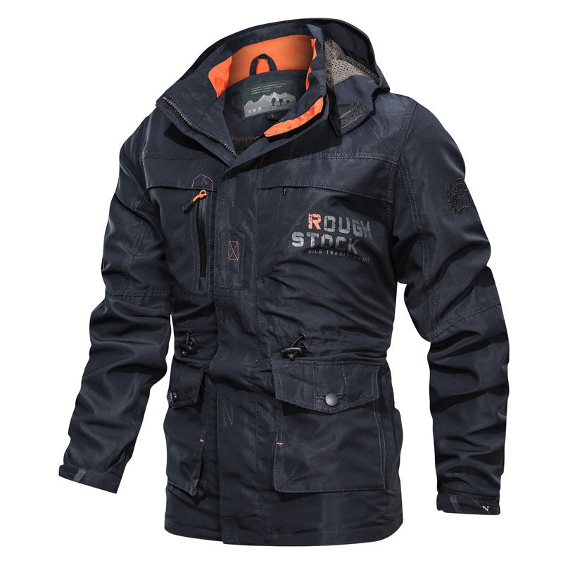 Men's Outdoor Jacket Water Resistant Hooded With Multiple Pockets Mid Length Relaxed Fit