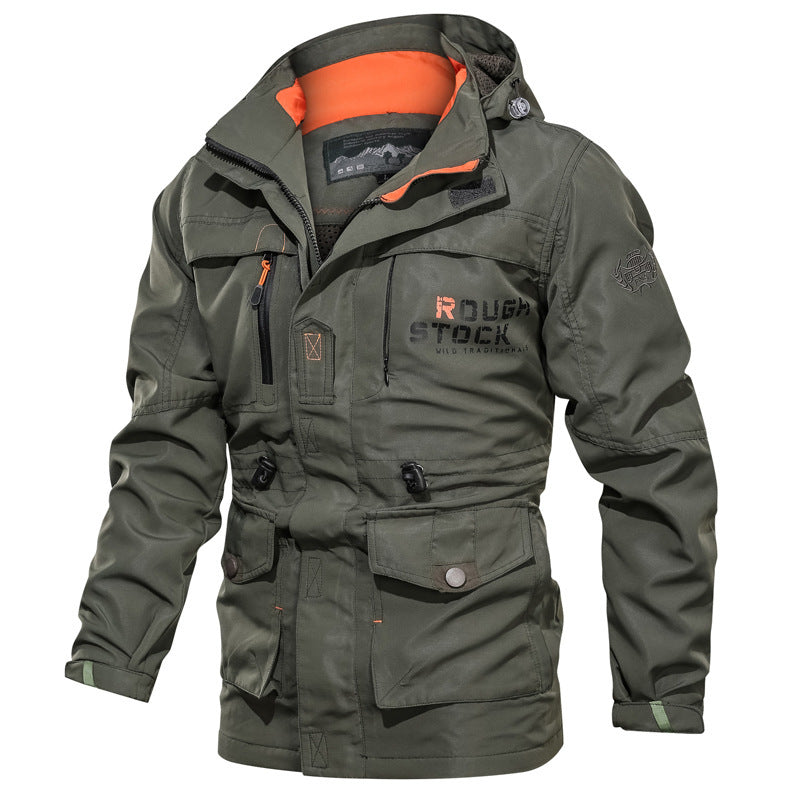 Men's Outdoor Jacket Water Resistant Hooded With Multiple Pockets Mid Length Relaxed Fit