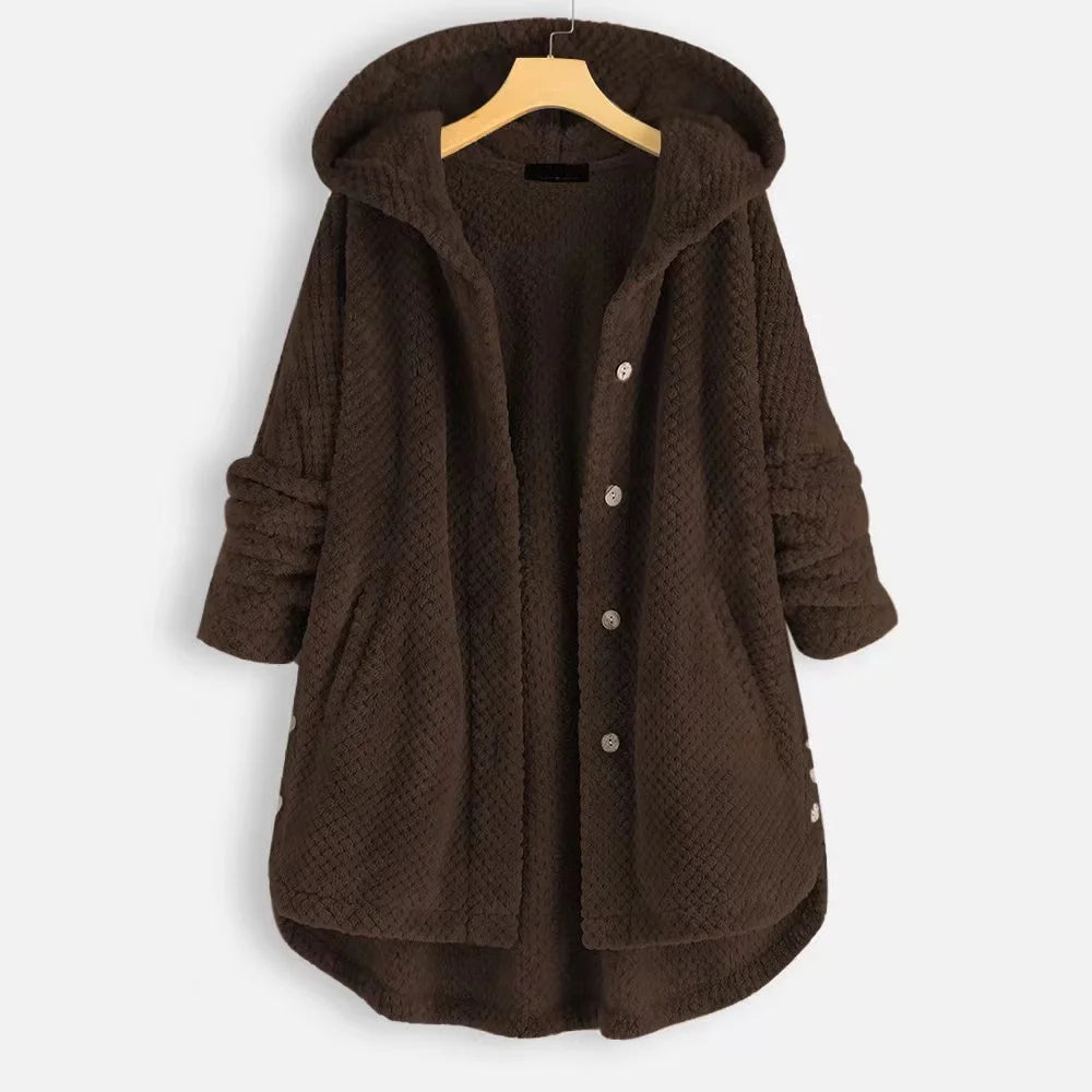 Nordic Fleece Oversized Hooded Jacket | Button Front Pockets Jacket