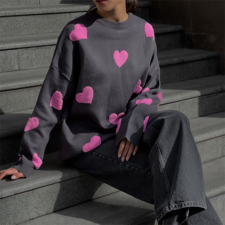 Women’s Knit Sweatshirt – Oversized Fit – Heart Pattern – Long Sleeve Casual Top