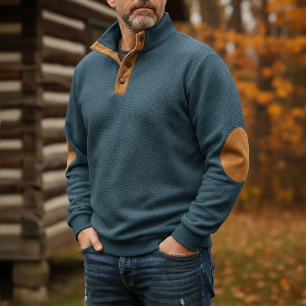Men's Wool Sweater With Stand Collar Elbow Patch And Button Placket Casual Relaxed Fit