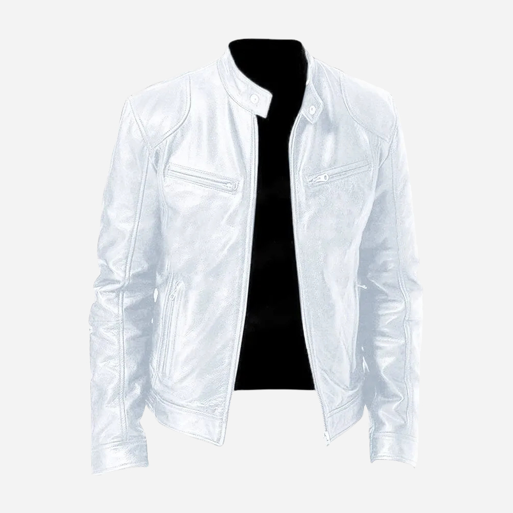 Mens Genuine Leather Biker Jacket Slim Fit With Snap Tab Collar And Zipper Closure