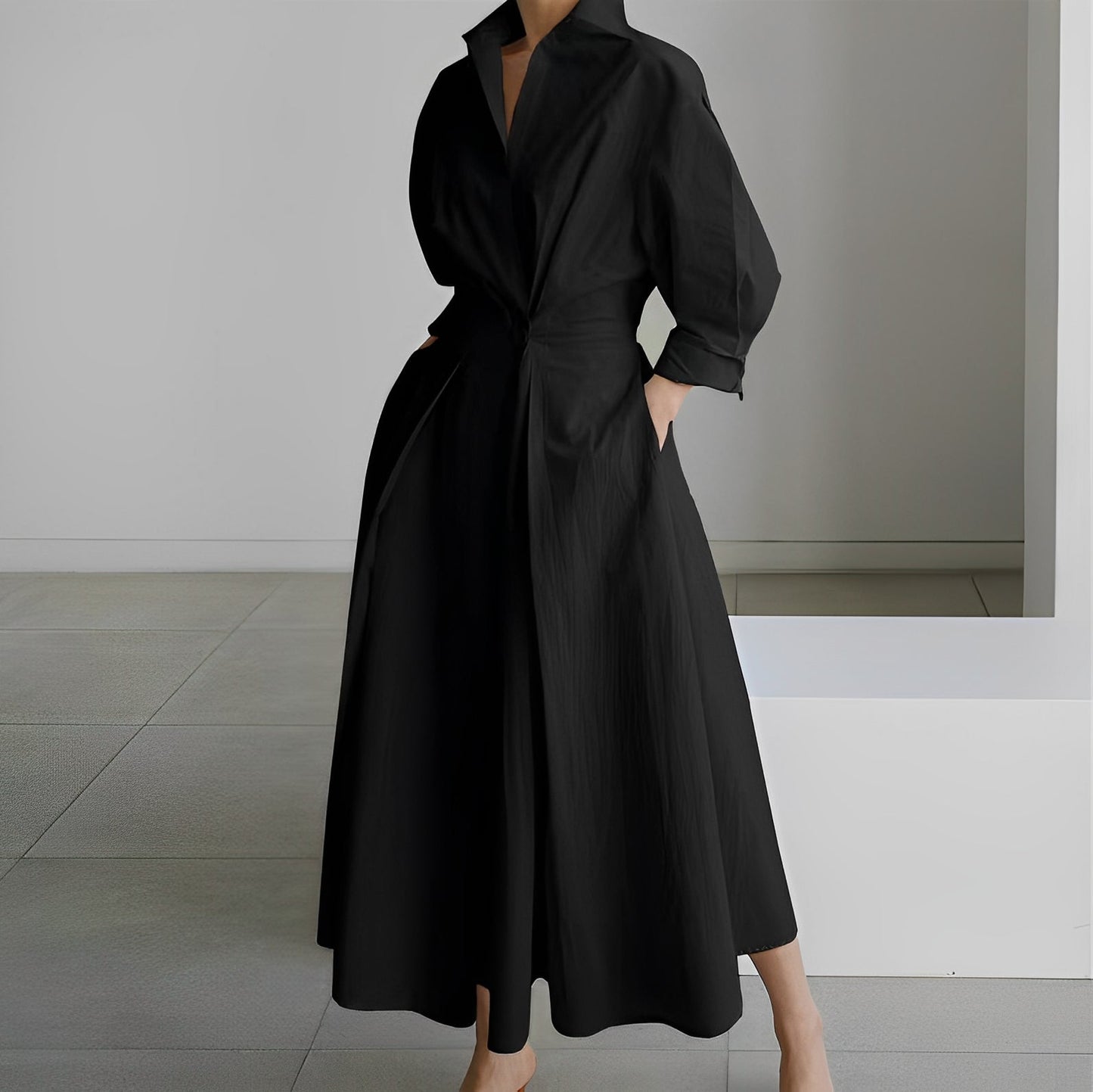 Elise Minimalist Maxi Shirt Dress For Women With Belted Waist And Flared Hem For Everyday Elegance