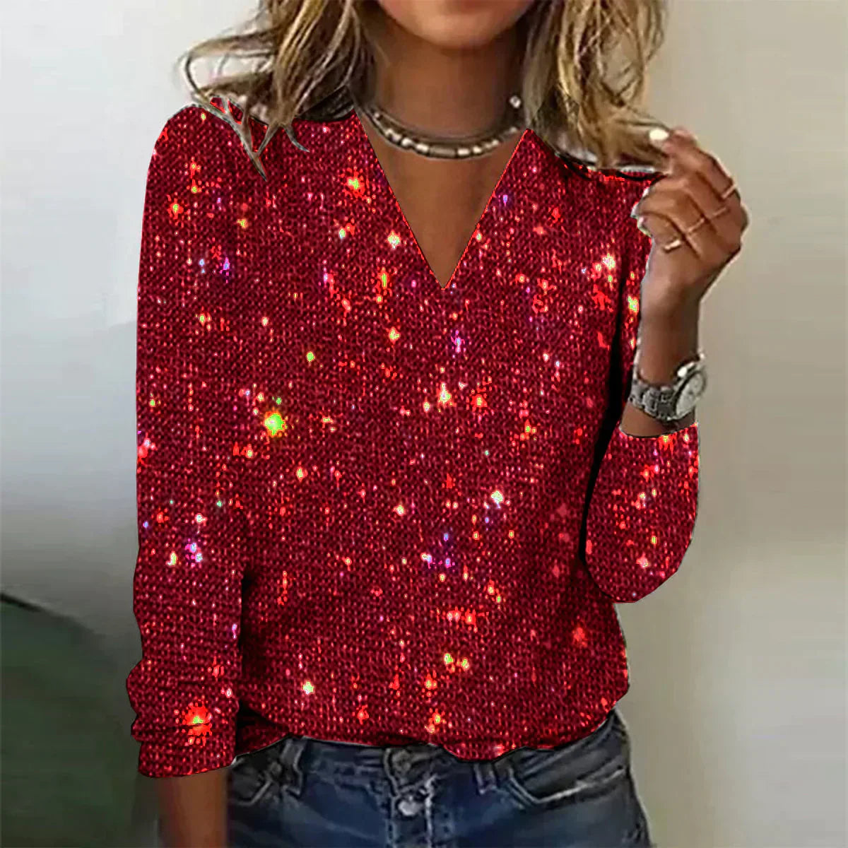 Priscilla Glitter V-Neck Leotard For Women With Sequins Elegant Evening Top Look