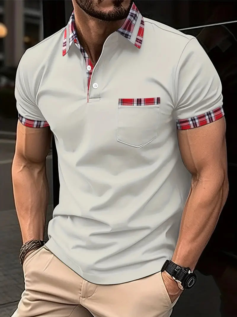 Desi Men’s Checked Polo Shirt With Plaid Trim And Pocket Accent Short Sleeve For Stylish Men