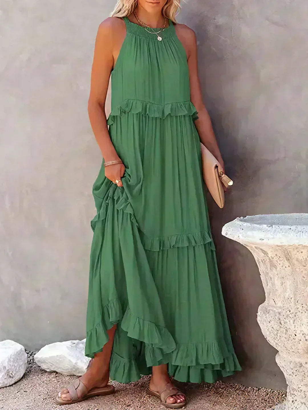 Women's Sleeveless Dress with Ruffles and Flowy Design