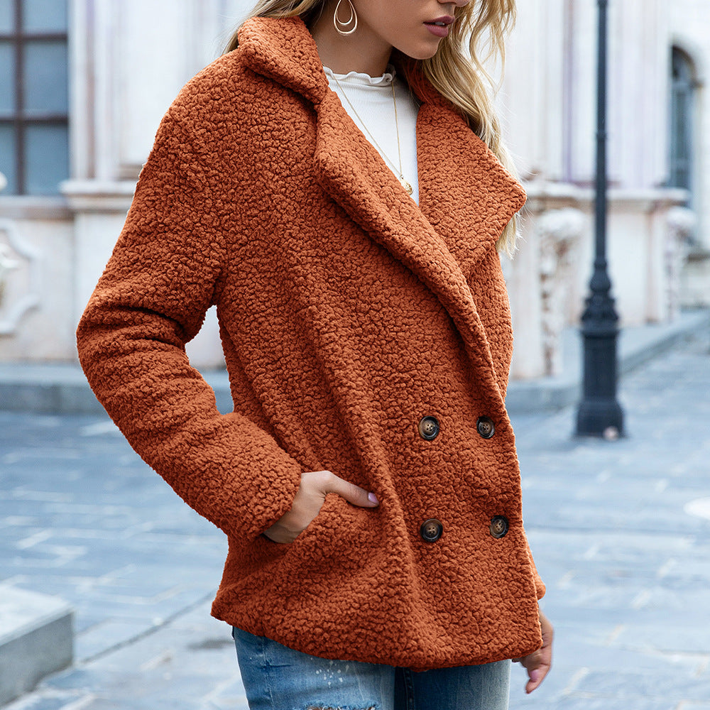 Fluffy Casual Winter Coat For Women With Wide Collar And Button Closure Soft Polyester Lining For Warmth And Chic Style