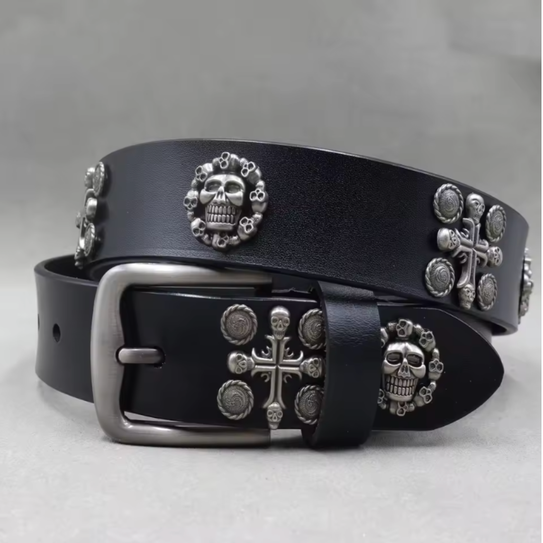 TrendAura Rebel Noir Skull Studded Leather Belt For Men With Adjustable Buckle And Silver Stud Accents