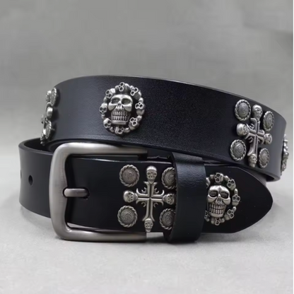 TrendAura Rebel Noir Skull Studded Leather Belt For Men With Adjustable Buckle And Silver Stud Accents