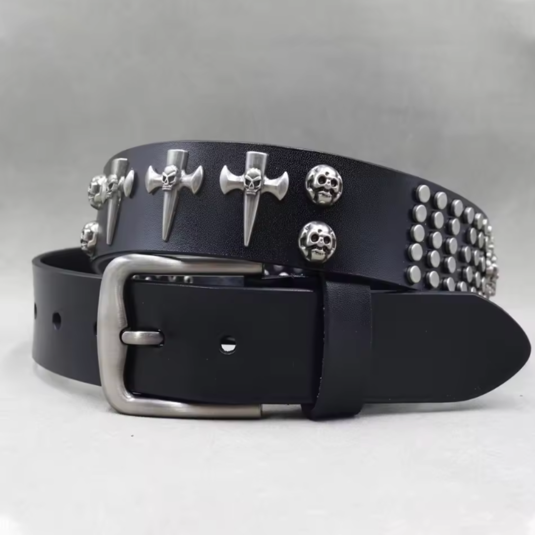 TrendAura Rebel Noir Skull Studded Leather Belt For Men With Adjustable Buckle And Silver Stud Accents
