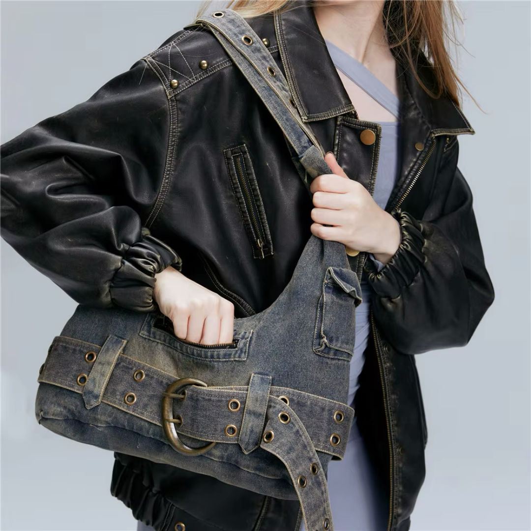 TrendAura Ashen Denim Shoulder Tote - Vintage Rebel Denim With Modern Edge And Plenty Of Pockets