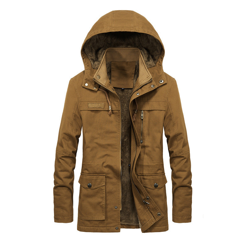 TrendAura Men's Hooded Sherpa-Lined Jacket With Multi-Pocket Utility, Relaxed Fit