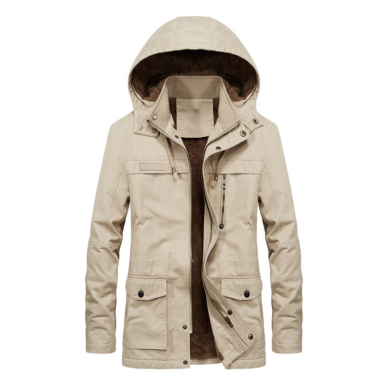 TrendAura Men's Hooded Sherpa-Lined Jacket With Multi-Pocket Utility, Relaxed Fit