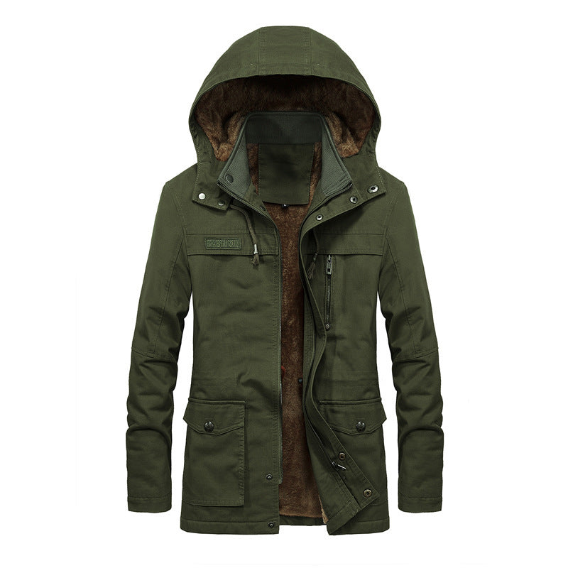 TrendAura Men's Hooded Sherpa-Lined Jacket With Multi-Pocket Utility, Relaxed Fit