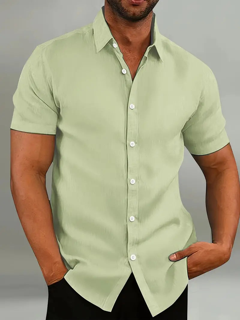 Light Blue Mens Short Sleeve Shirt Slim Fit Button Closure Classic Collar For Casual To Formal Wear