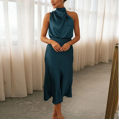 Women's Evening Dress - Satin Look - Halterneck - Fitted Waist - Elegant Party Dress
