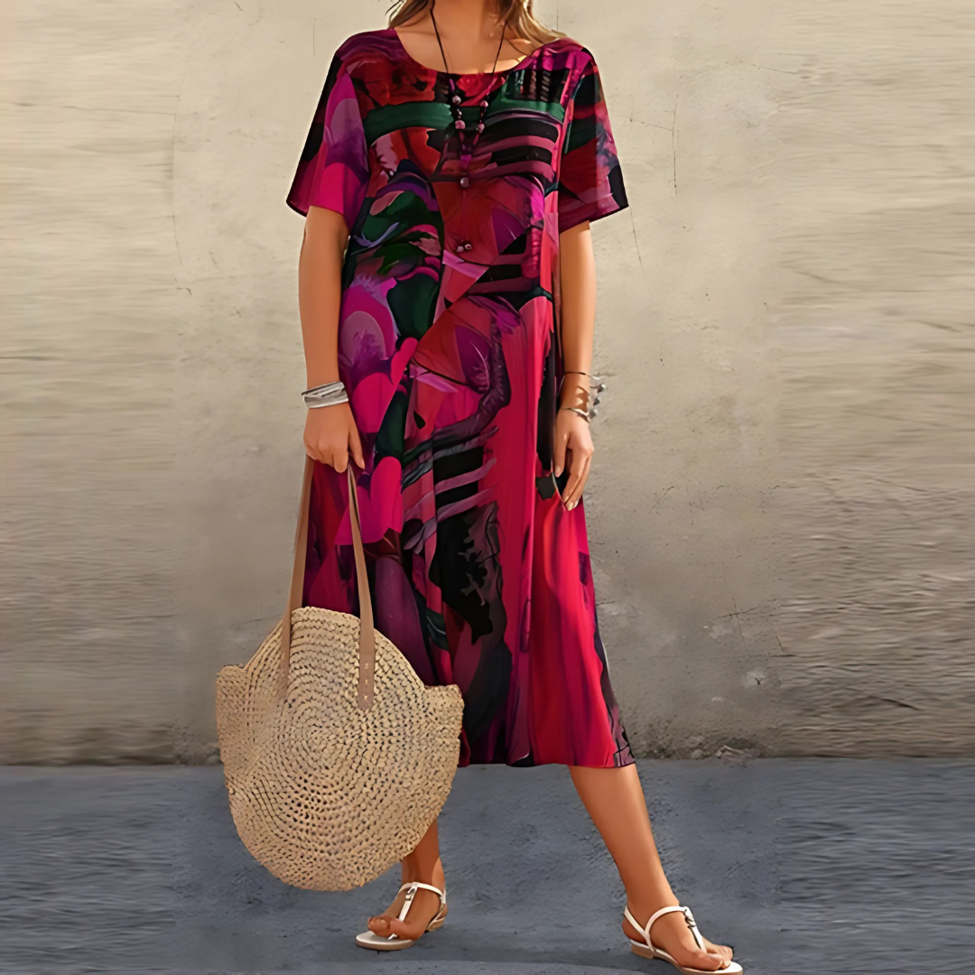 Women's Floral Dress with A-Line Silhouette and Short Sleeves