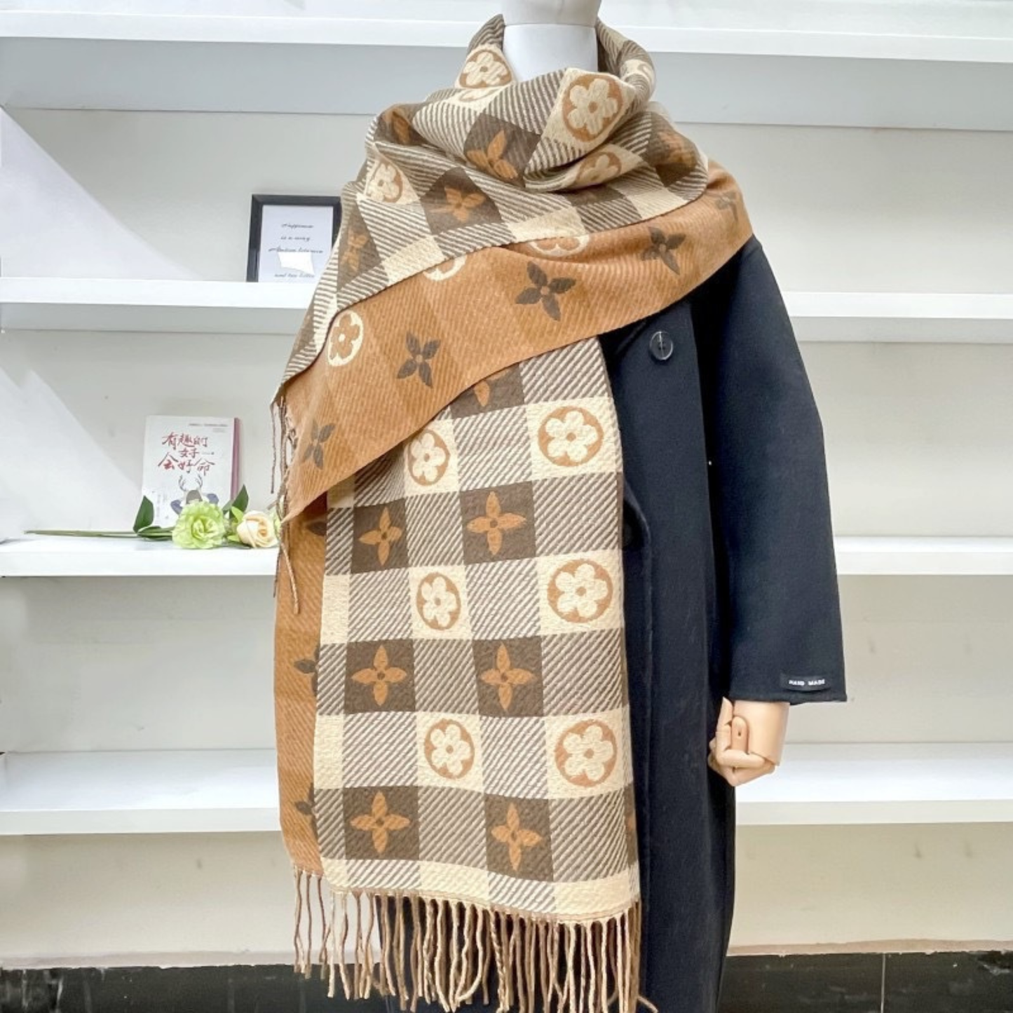 Women's Warm Plaid Scarf with Double-Sided Design and Tassels