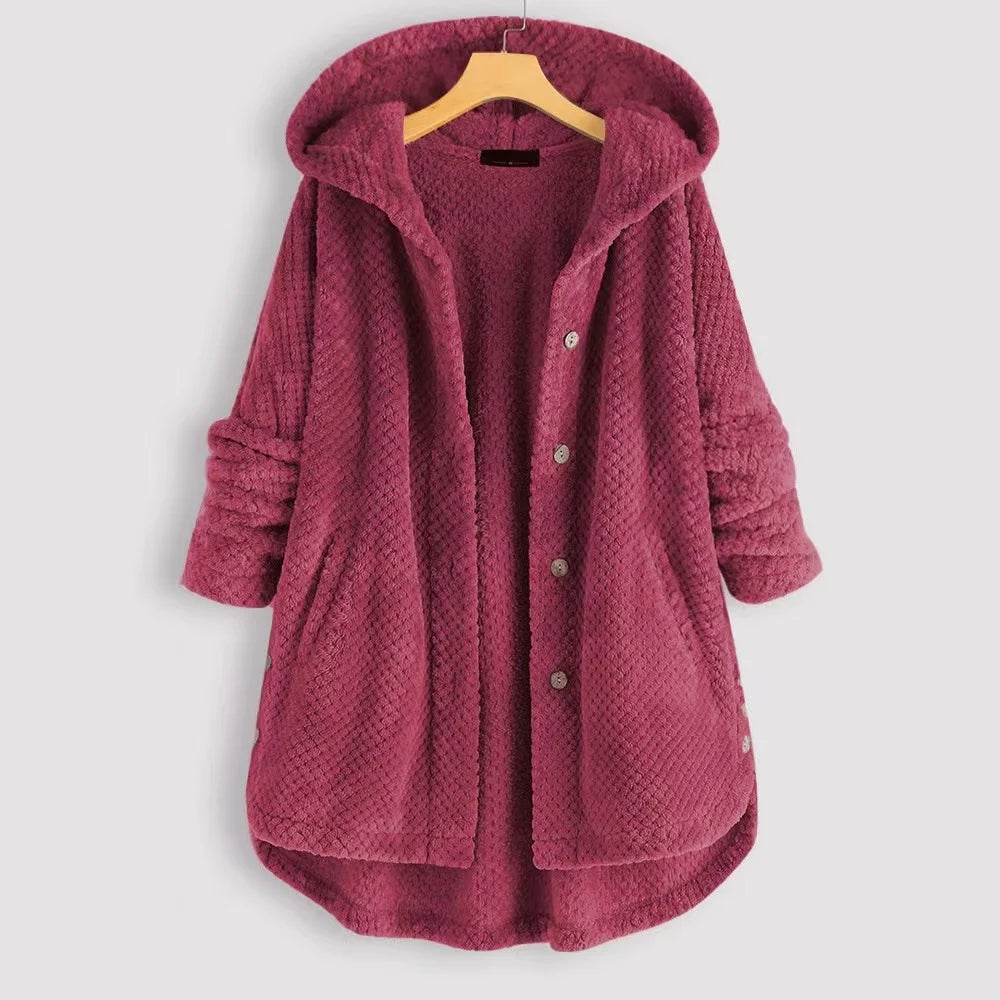 Nordic Fleece Oversized Hooded Jacket | Button Front Pockets Jacket
