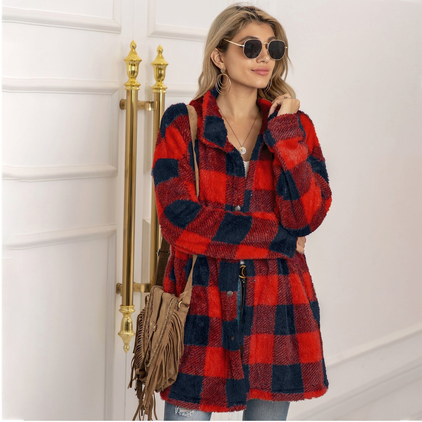 TrendAura Colorblock Fleece Plaid Coat For Women Longline Cozy Warm Winter Essential