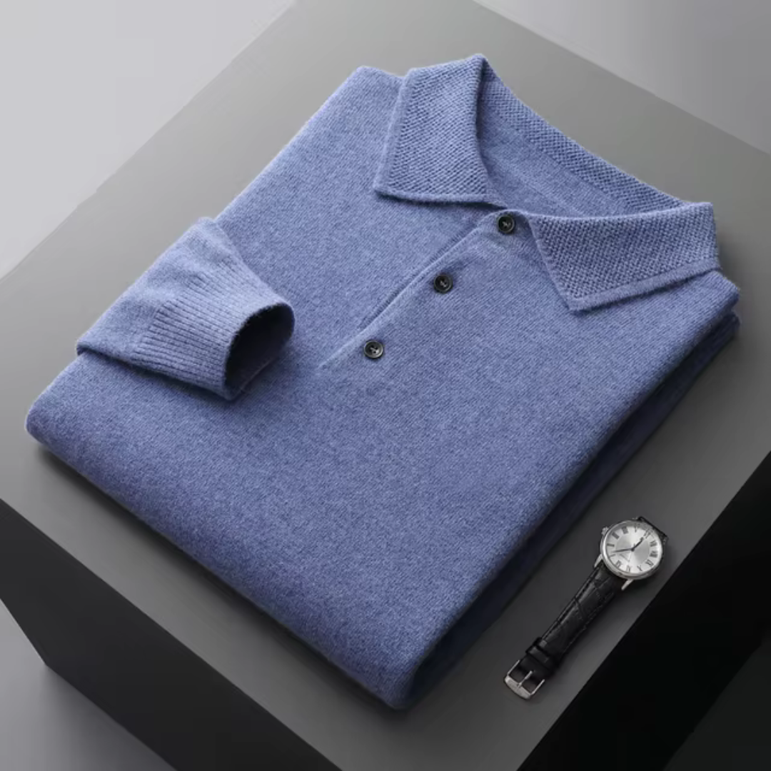 Mens Polo Sweater Merino Wool For Men Standard Fit Classic With Button Closure And Ribbed Edges