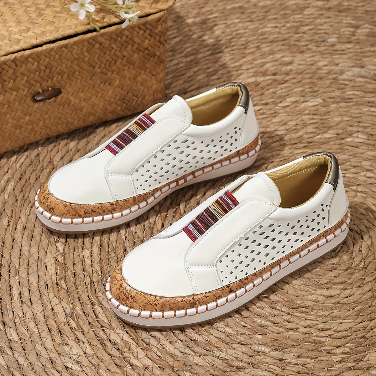 Women's White Loafers with Openwork Pattern and Elastic Insert