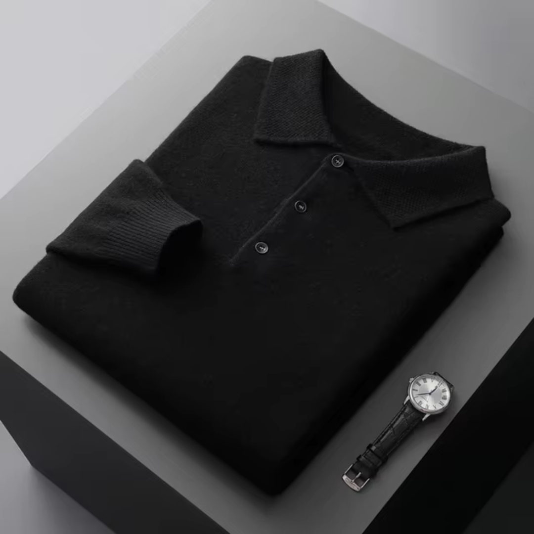 Mens Polo Sweater Merino Wool For Men Standard Fit Classic With Button Closure And Ribbed Edges