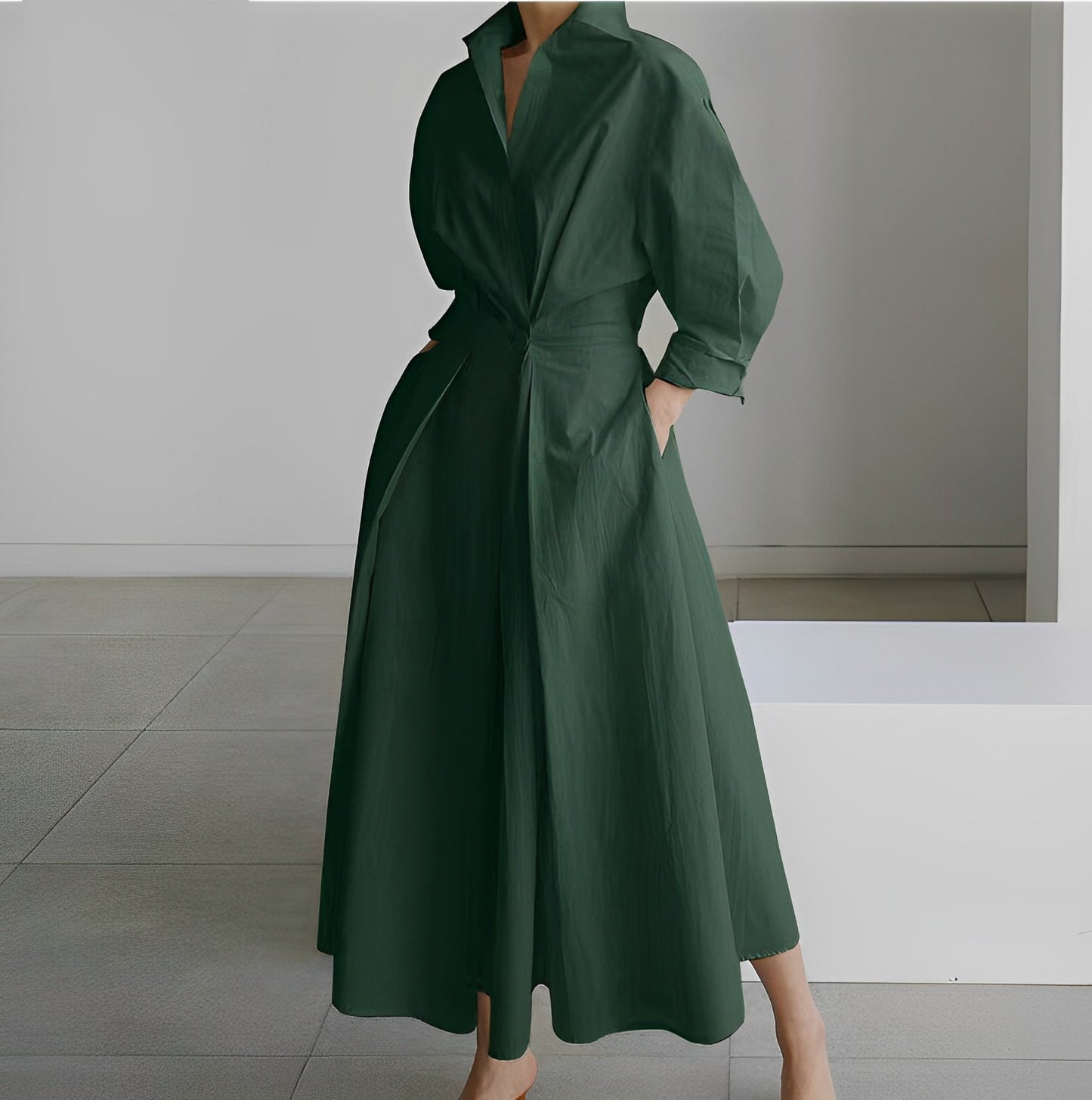 Elise Minimalist Maxi Shirt Dress For Women With Belted Waist And Flared Hem For Everyday Elegance
