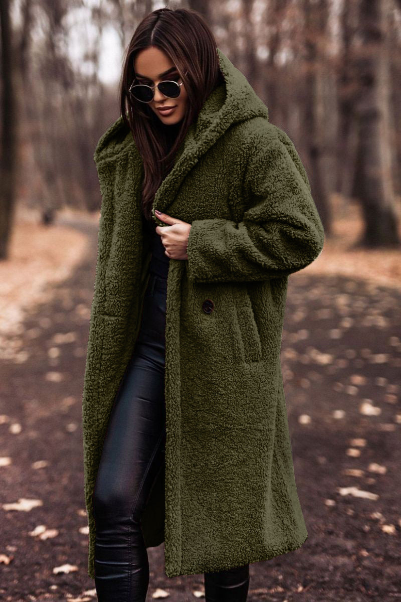 Relaxed Fit Mid-Calf Hooded Coat for Women – Cozy Casual Comfort