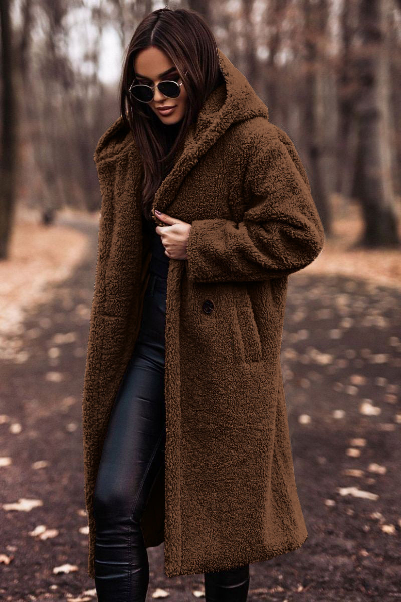 Relaxed Fit Mid-Calf Hooded Coat for Women – Cozy Casual Comfort