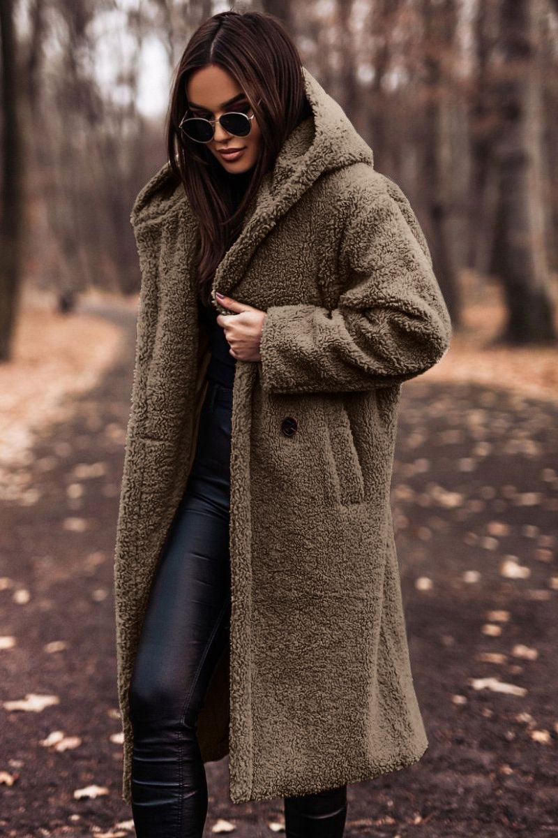 Relaxed Fit Mid-Calf Hooded Coat for Women – Cozy Casual Comfort