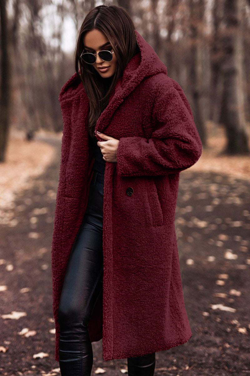 Relaxed Fit Mid-Calf Hooded Coat for Women – Cozy Casual Comfort