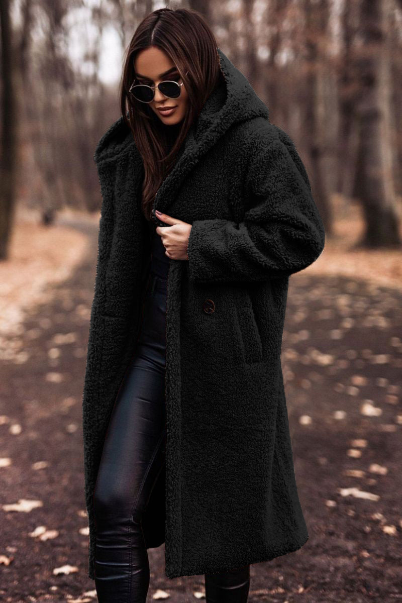 Relaxed Fit Mid-Calf Hooded Coat for Women – Cozy Casual Comfort