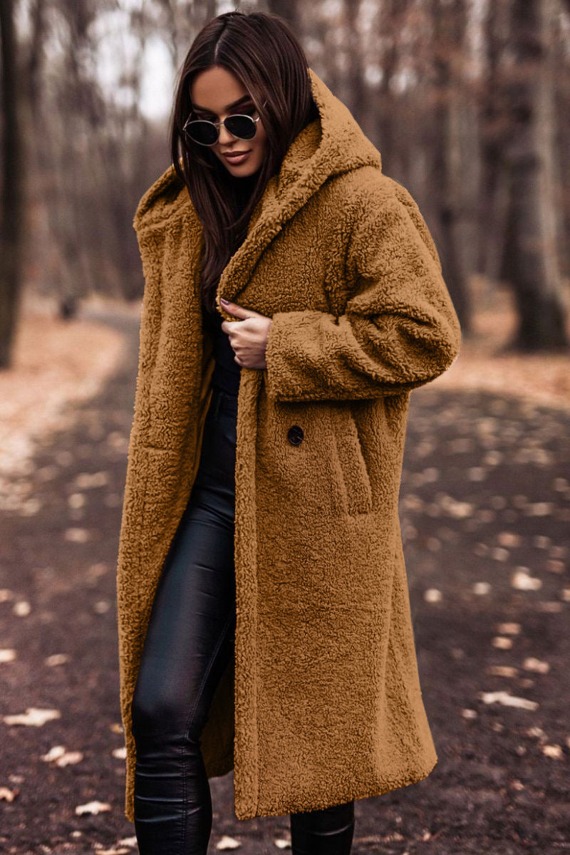 Relaxed Fit Mid-Calf Hooded Coat for Women – Cozy Casual Comfort