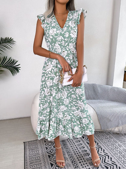 TrendAura Nayra Floral Midi Dress With Flutter Sleeves Breathable Lightweight Chiffon For Women