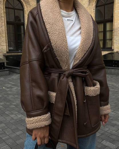 Korean Style Coat With Faux Leather And Faux Fur Long Sleeve For Women Cozy Warmth And Pockets