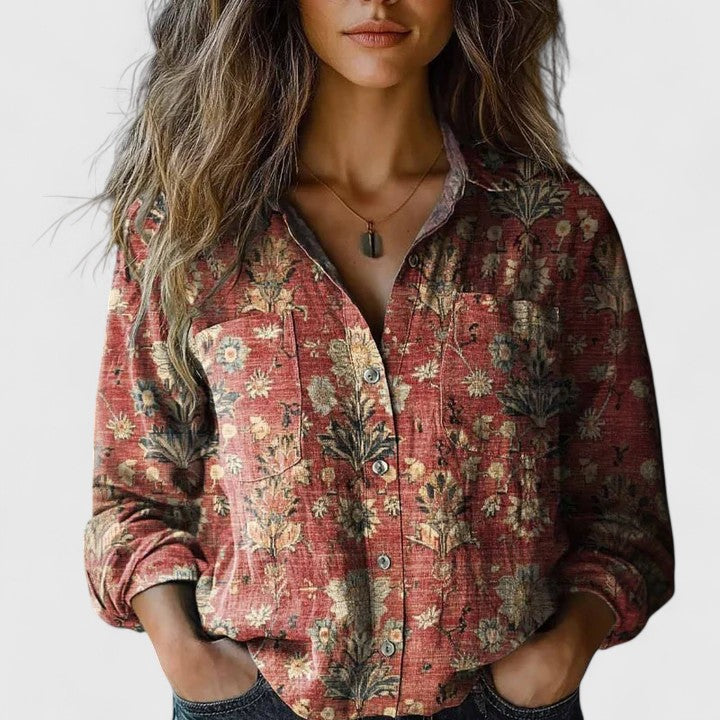 Women's Long Sleeve Button-Down Shirt with Floral Print and Autumn Colors - TrendAura