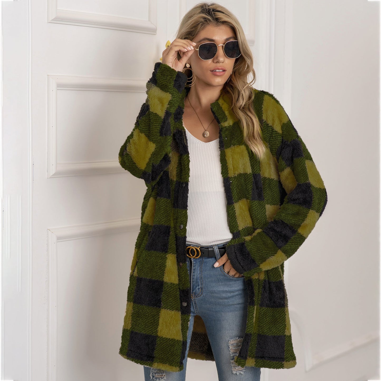 TrendAura Colorblock Fleece Plaid Coat For Women Longline Cozy Warm Winter Essential