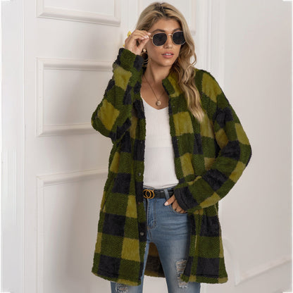 TrendAura Colorblock Fleece Plaid Coat For Women Longline Cozy Warm Winter Essential