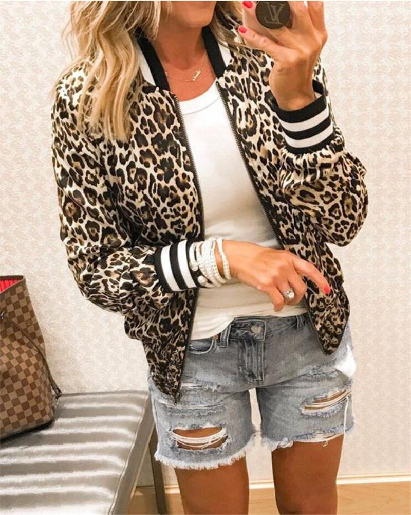 TrendAura Leopard Print Jacket For Women Round Neck Slim Fit Autumn Winter Versatile Style