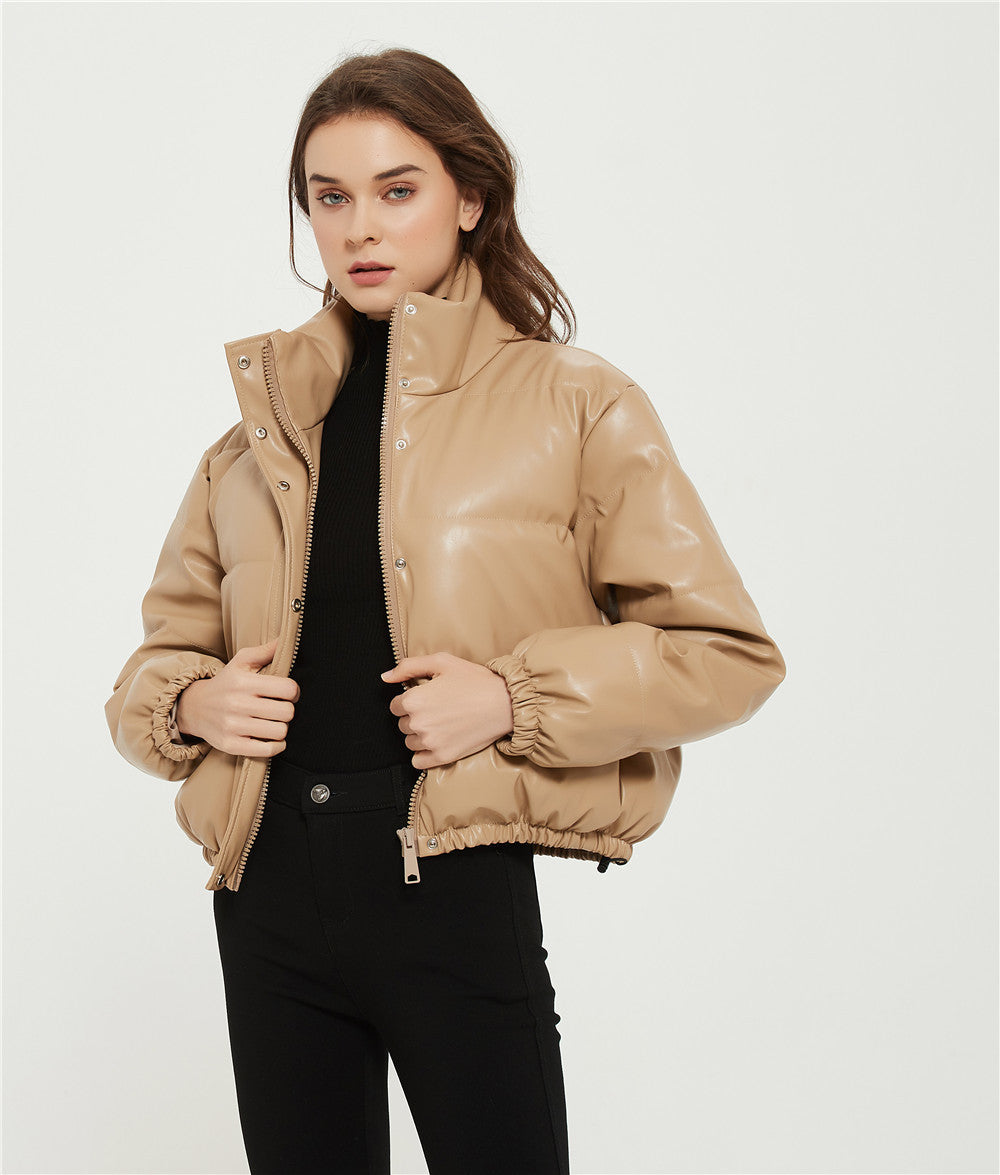 PUCette Short Padded Parka For Women Warm Cotton Filled PU Exterior Winter Coat Cozy Fit