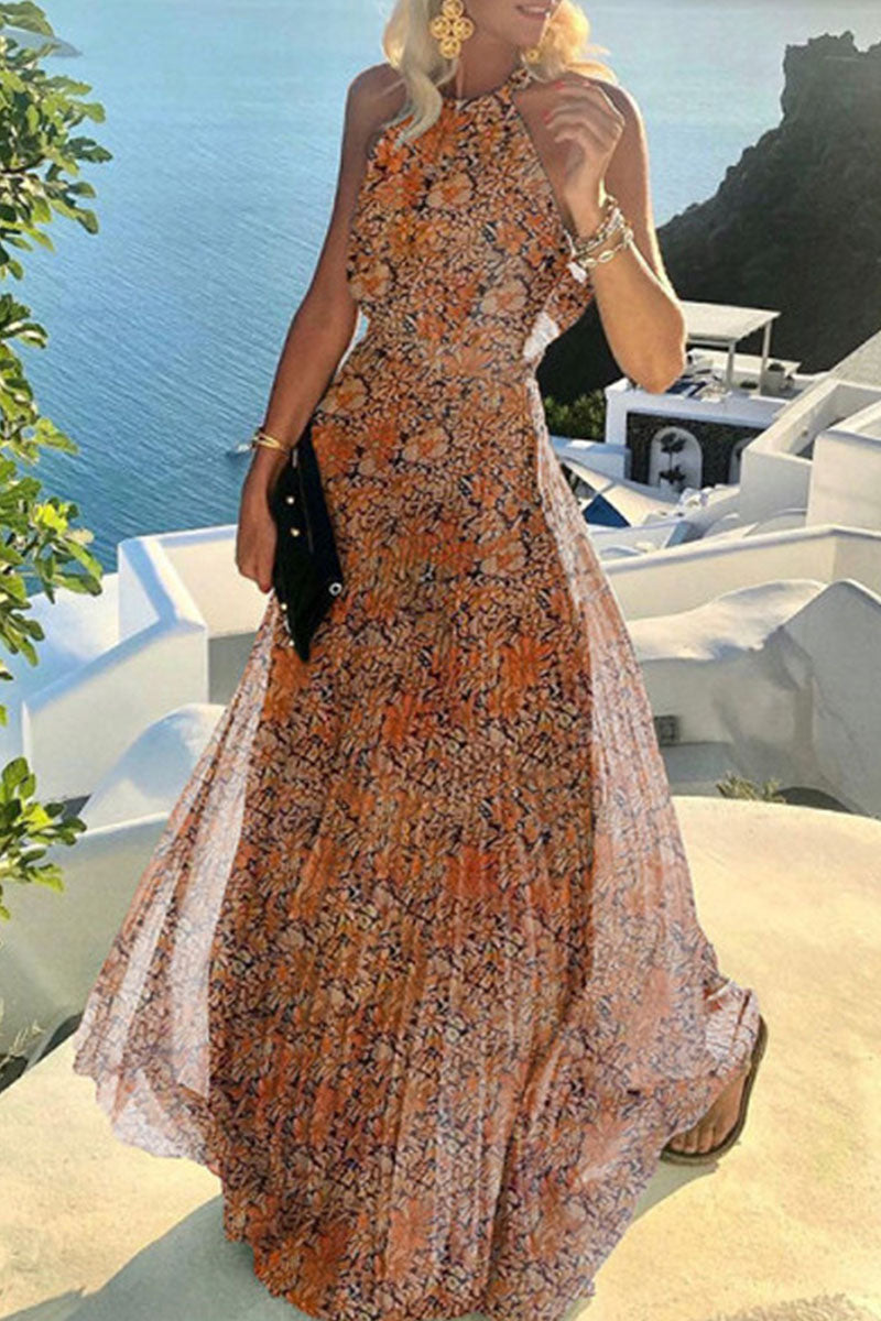 Women's Maxi Dress - Halterneck - Light and Airy - Elegant A-Line Cut - Polka Dotted