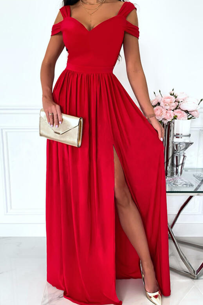 Women's Evening Dress - Off-Shoulder V-Neck - Elegant Slit - Flowing Skirt