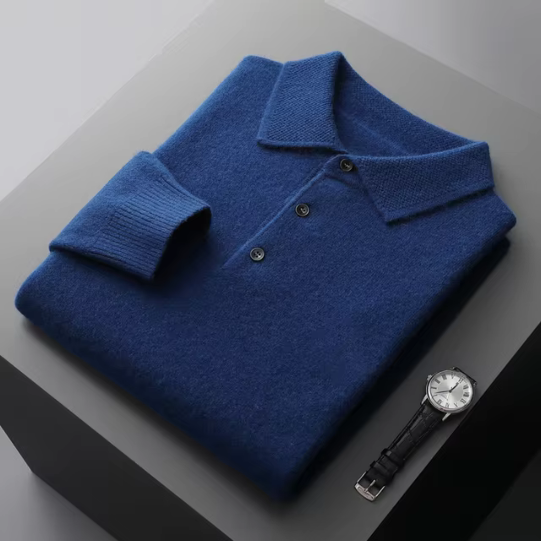 Mens Polo Sweater Merino Wool For Men Standard Fit Classic With Button Closure And Ribbed Edges
