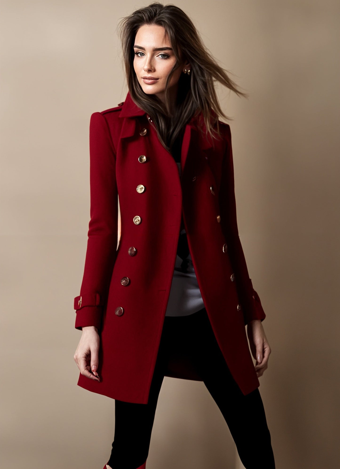 Women's Coat - Double Breasted - Tailored Fit - Classic Notch Lapel - Button Closure