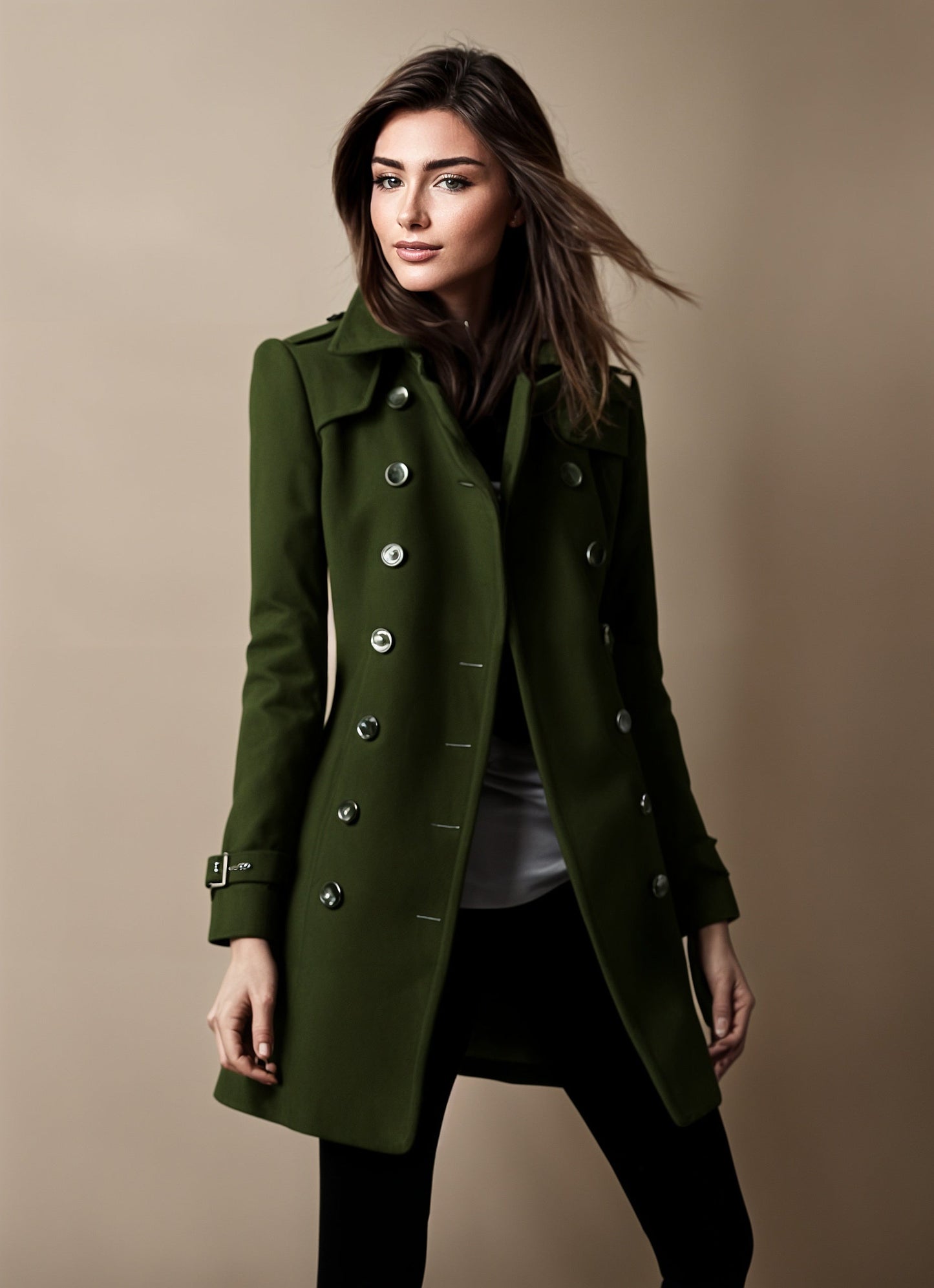 Women's Coat - Double Breasted - Tailored Fit - Classic Notch Lapel - Button Closure