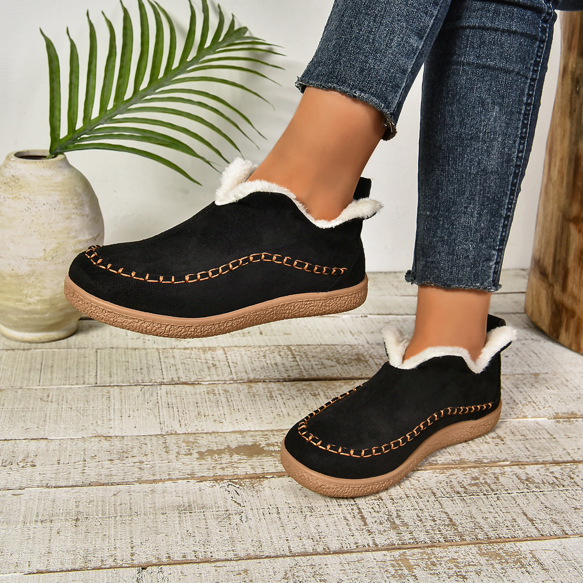 Women's Slip-On Ankle Boots with Fur Lining and Thick Sole