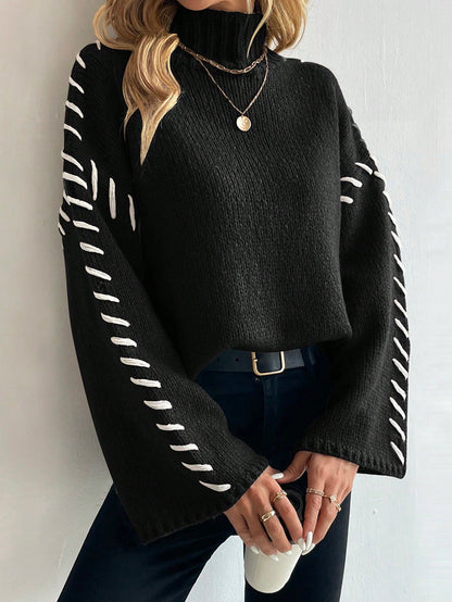 TrendAura | Women's Patchwork Knit Sweater with Contrasting Colors and Turtleneck