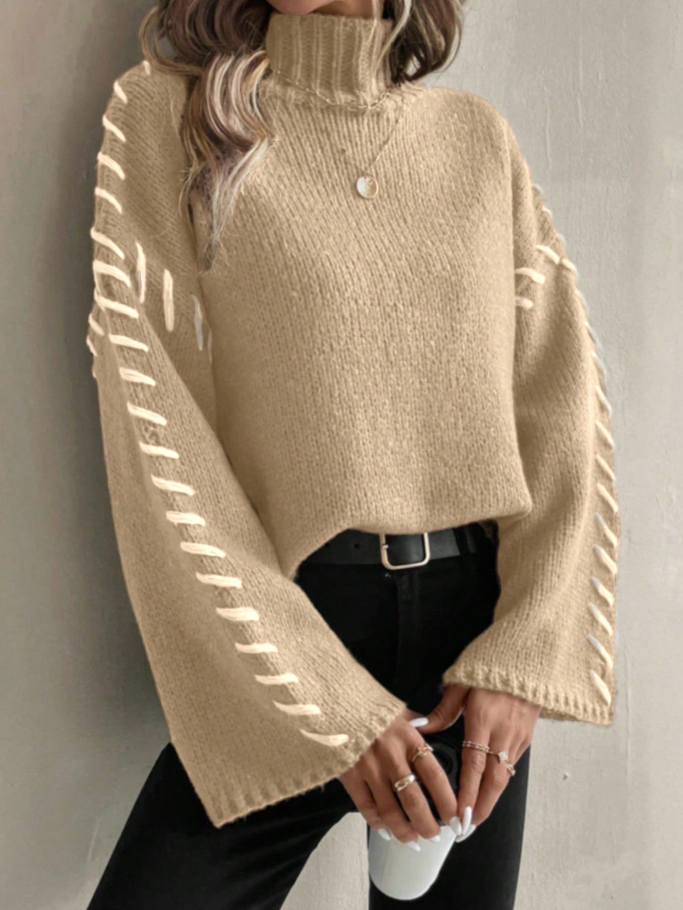 TrendAura | Women's Patchwork Knit Sweater with Contrasting Colors and Turtleneck